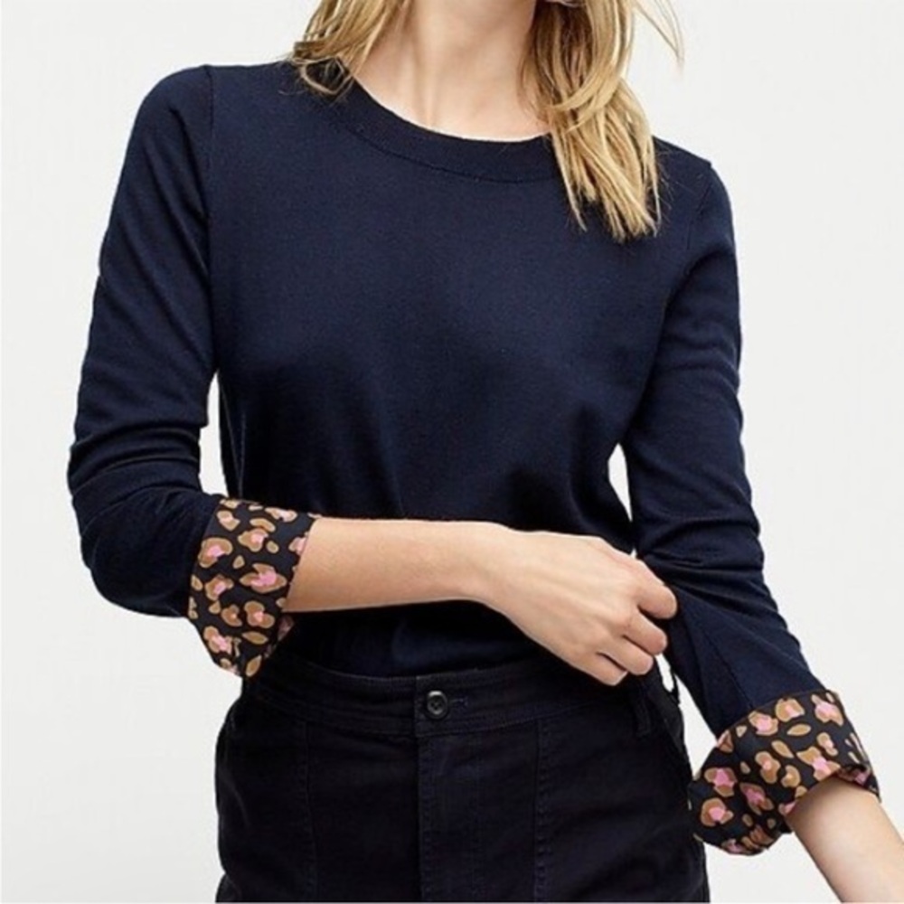 J. Crew Navy Blue Merino Wool Tippi Leopard Print French Cuff Sweater